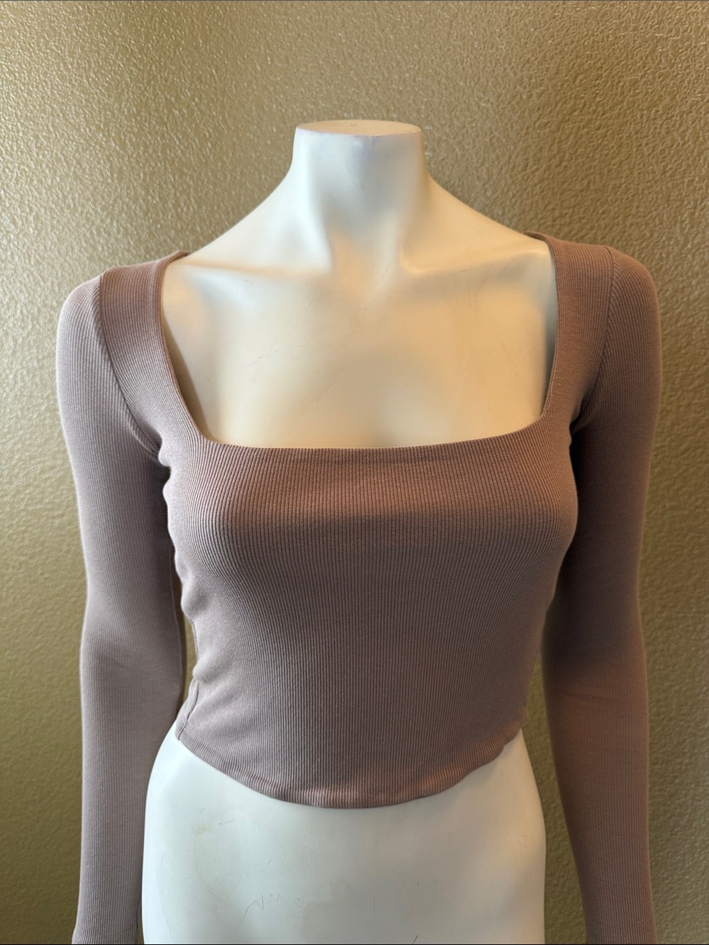Zara Mauve Ribbed Long Sleeve Square Neck Crop Top